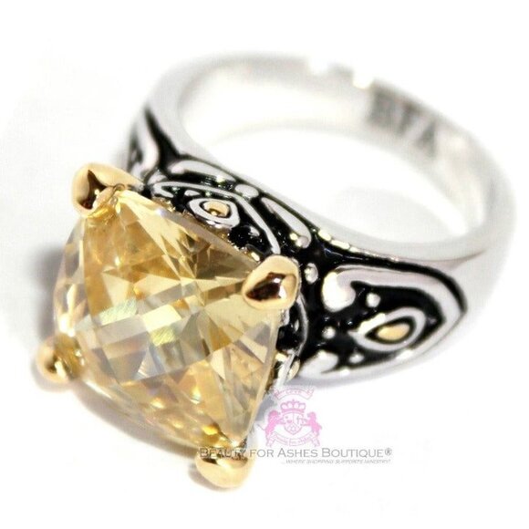 Elegant 12mm Faceted Canary Yellow CZ Throne Room Ring by Beauty for Ashes - 6 - Picture 1 of 3